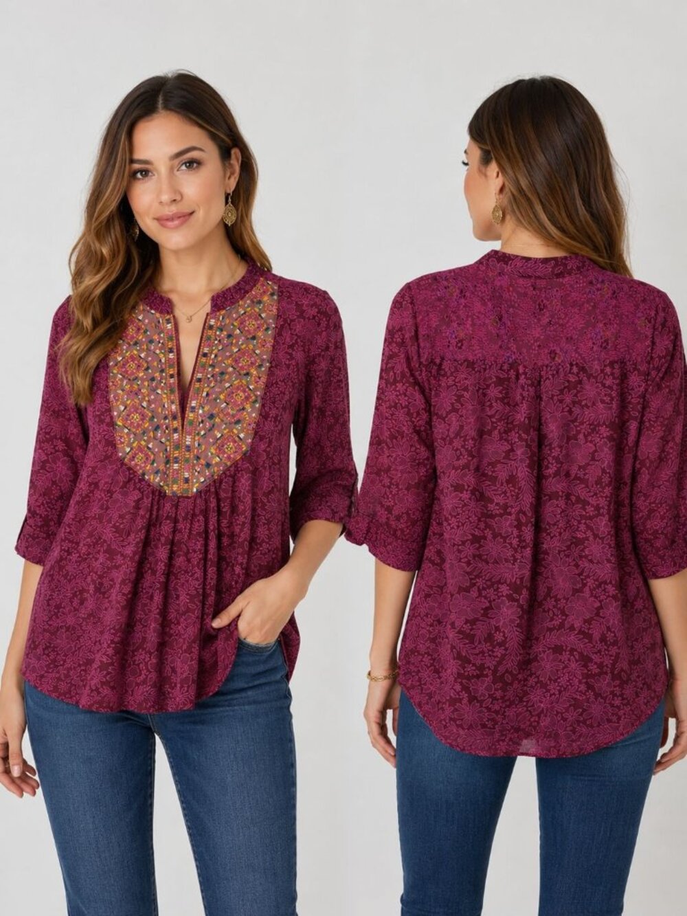 Common thread Embroidered Floral Boho Tunic 3/4 Sleeves Burgundy Size Petite